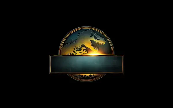 Jurassic World Rebirth emblem glowing on black: gold-rimmed circular logo with dinosaur silhouettes and an empty banner, rendered as a 4K Ultra HD PC desktop wallpaper background.
