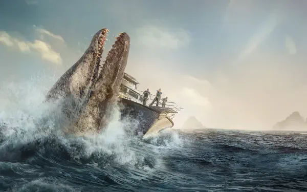 Jurassic World Rebirth 4K Ultra HD PC desktop wallpaper and background: a colossal sea reptile breaches beside a small boat with silhouetted figures, crashing waves and dramatic sky.
