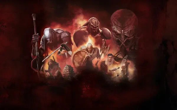 Predator — Killer of Killers 4K Ultra HD PC desktop wallpaper: multiple Predators in a fiery red battleground, masked hunters and weapons emerging from smoke.