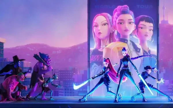 KPop Demon Hunters 4K Ultra HD PC desktop wallpaper: neon-lit trio of stylish demon hunters on a rooftop, billboard portraits behind them, confronting monstrous foes against a purple city skyline.