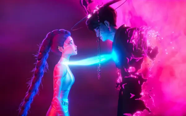 KPop Demon Hunters 4K Ultra HD PC desktop wallpaper and background: neon pink-blue scene of a braided heroine pressing a glowing hand to a disintegrating demon hunter, fragments and radiant energy.