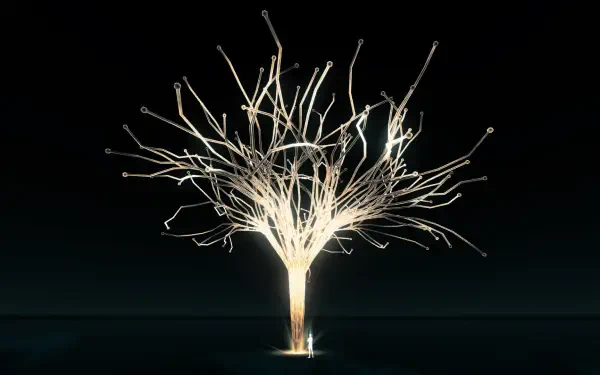 HD PC desktop wallpaper: glowing tree of light from Assassin's Creed Valhalla (Ubisoft) rising from darkness against a minimalist black background.