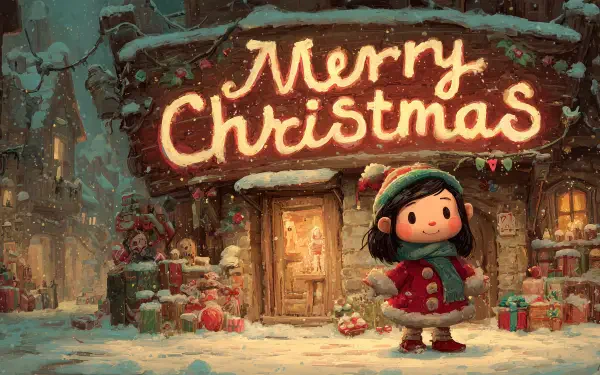 Winter Christmas illustration: child in red coat stands in snow before a glowing Merry Christmas shop, gifts nearby — 2K Quad HD PC desktop wallpaper/background.