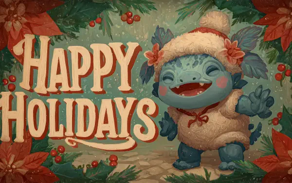 Kawaii blue creature in a wool hat and sweater, smiling beside holly and poinsettias with big Happy Holidays text — 2K Quad HD PC desktop wallpaper background.