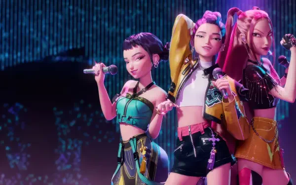 KPop Demon Hunters: three stylized K-pop demon-hunter characters in colorful cyberpunk outfits on a neon-lit stage — 4K Ultra HD PC desktop wallpaper
