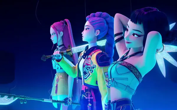 KPop Demon Hunters trio in neon-lit cyberpunk style, three animated female demon hunters posing with weapons — 4K Ultra HD PC desktop wallpaper and background.