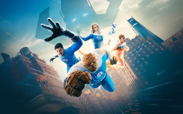The Fantastic Four: First Steps — 4K Ultra HD PC desktop wallpaper of the four heroes in blue suits (Mr. Fantastic, Invisible Woman, Human Torch, The Thing) soaring over a city skyline.
