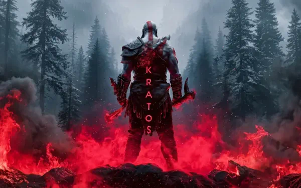 Kratos from God of War (2018) stands in red flames and smoke before snow-covered pines, 4K Ultra HD PC desktop wallpaper and background.
