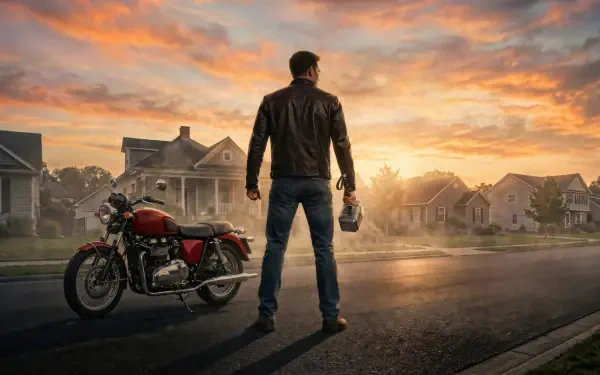 Avengers: Doomsday — 2K Quad HD PC desktop wallpaper background: lone man in a leather jacket holding a helmet beside a red motorcycle, standing on a sunlit suburban street at dawn.