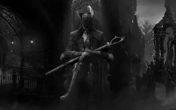 Bloodborne 4K Ultra HD PC desktop wallpaper: a hooded hunter in gothic armor sits on a throne clutching a long bladed weapon, fog-shrouded ruined city and wrought-iron lamps behind him.
