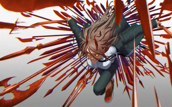 Chainsaw Man anime action: a chainsaw-headed figure lunges through an explosive spray of red blades and blood, dynamic low-angle perspective — 8K Ultra HD PC desktop wallpaper/background.