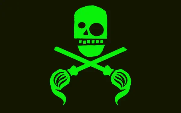 The Toxic Avenger 4K Ultra HD PC desktop wallpaper — neon green skull with one eye and crossed mop handles dripping slime on a black background.