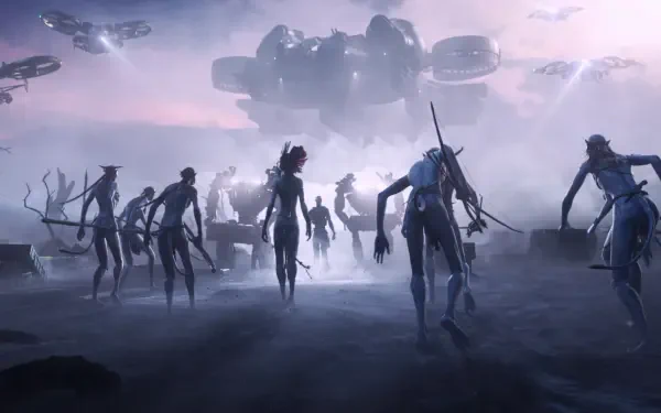 Avatar: Fire and Ash — 4K Ultra HD PC desktop wallpaper showing silhouetted alien figures trudging through ash and mist beneath looming airborne ships.