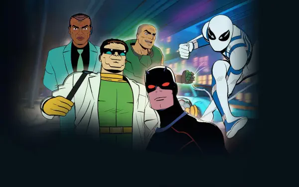 Your Friendly Neighborhood Spider-Man 4K Ultra HD PC desktop wallpaper: animated white-suited Spider-Man poses with four villains against neon city lights and a dark skyline background.