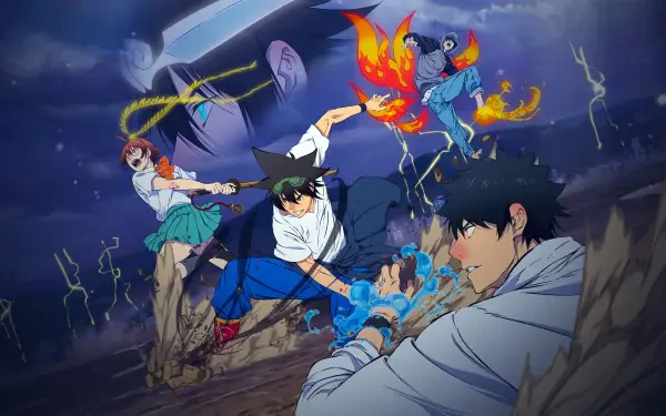 The God of High School 4K Ultra HD PC desktop wallpaper and background: protagonists clash amid lightning and fiery energy, dynamic poses and urban ruin under a stormy night sky.