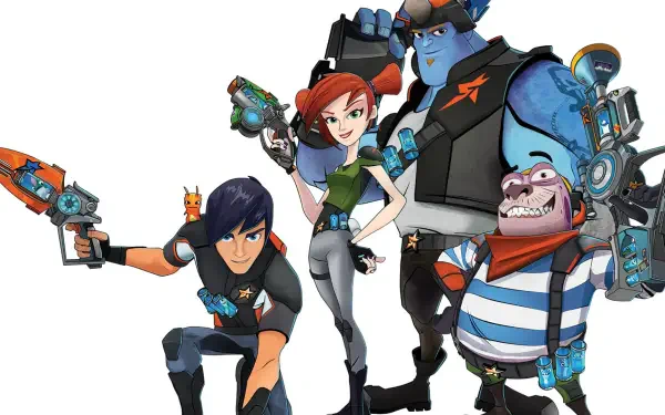 Slugterra HD PC desktop wallpaper and background: four animated characters — dark-haired gunner kneeling, red-haired woman, tall blue-armored fighter, and striped-shirt sidekick — on white background.