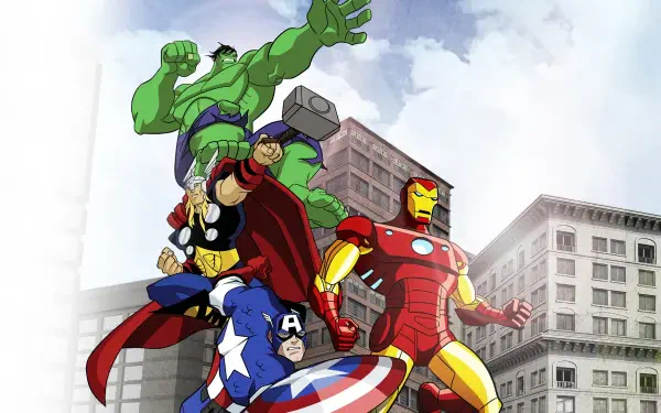 4K Ultra HD PC desktop wallpaper of The Avengers: Earth's Mightiest Heroes — Hulk, Thor, Iron Man and Captain America charging through a sunlit cityscape.