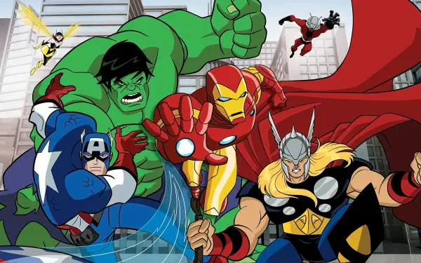 The Avengers: Earth's Mightiest Heroes 4K Ultra HD PC desktop wallpaper featuring animated Avengers — Hulk, Iron Man, Thor, Captain America, Ant-Man and Wasp in action.