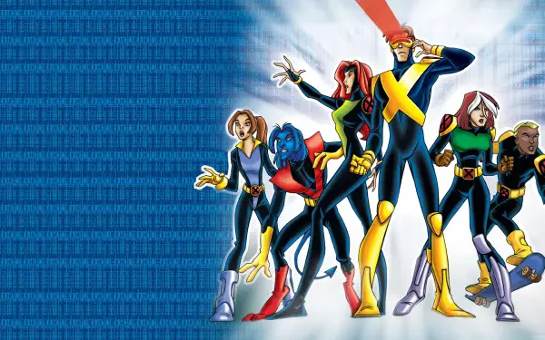X-Men: Evolution 4K Ultra HD PC desktop wallpaper — six animated X-Men in dynamic poses against a textured blue background.