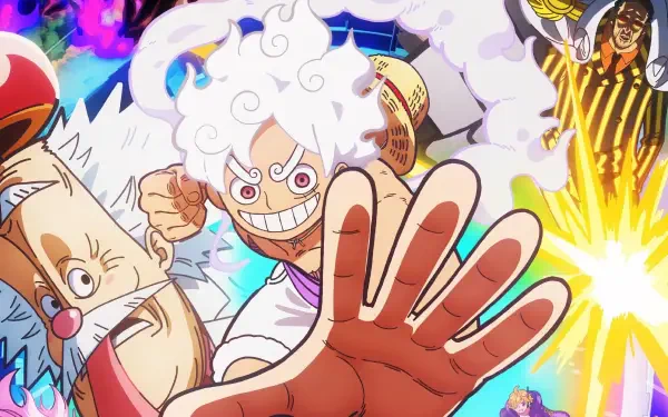 One Piece HD PC desktop wallpaper and background: vibrant, high‑energy scene of grinning cloud‑haired Luffy reaching out amid colorful explosions.