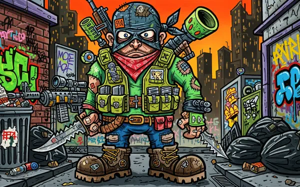 Cartoon mercenary in rugged armor and bandana, loaded with knives and guns amid a neon graffiti city alley — vibrant 4K Ultra HD PC desktop wallpaper and background.