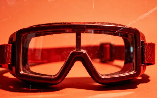 Close-up of black goggles on a scratched red background — 4K Ultra HD PC desktop wallpaper and background.