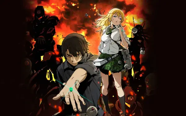 Btooom! 4K Ultra HD PC wallpaper: tense male reaching forward with a bomb, blonde schoolgirl with a rifle behind him, shadowy soldiers and fiery explosions engulf the background.