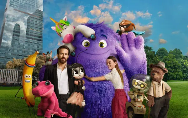 IF (2024) 4K Ultra HD PC Desktop Wallpaper and Background — a whimsical purple furry giant embraced by animated and live-action characters in a sunny city park with a skyscraper backdrop.