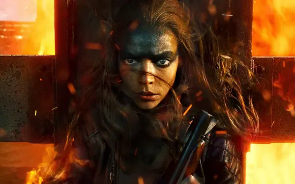 Furiosa: A Mad Max Saga — close-up of Furiosa with black warpaint, windblown hair, a rifle and roaring orange flames behind a metal cross; 4K Ultra HD PC desktop wallpaper background