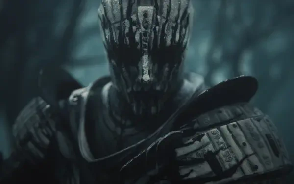 Mortal Shell video game horror 2K Quad HD PC desktop wallpaper: masked, weathered armored figure with bark-like face looming in a fog-shrouded forest.