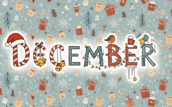 Whimsical DECEMBER lettering adorned with candy cane, bells, lights, robin and icicles over a snowy blue pattern of gifts, mugs and pine trees — 4K Ultra HD PC Desktop Wallpaper and Background.