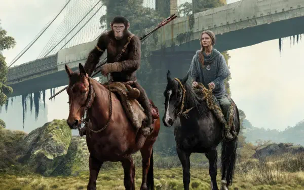 Kingdom of the Planet of the Apes 4K Ultra HD PC wallpaper: an ape and a woman ride horses through moss-covered ruins beneath a broken highway overpass.