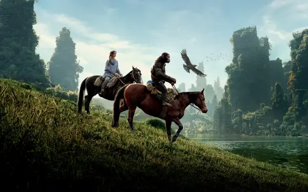 4K Ultra HD PC desktop wallpaper: a human and an ape ride horses along a grassy riverside beneath towering, overgrown ruins as a bird soars — Kingdom of the Planet of the Apes.