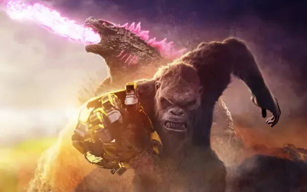 Godzilla x Kong: The New Empire 4K Ultra HD PC desktop wallpaper — Kong charging forward clutching a soldier as Godzilla unleashes atomic breath from behind, stormy sky backdrop.