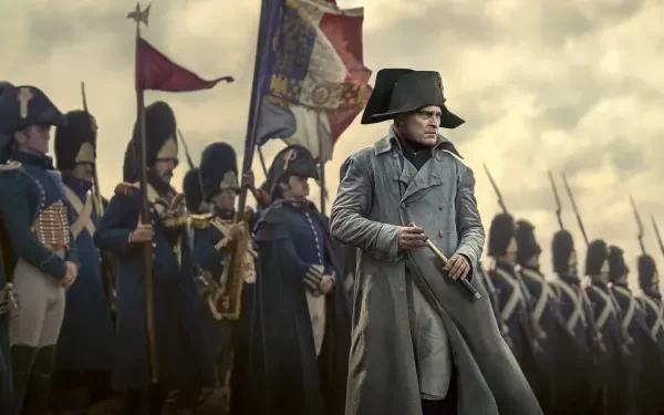 4K Ultra HD PC wallpaper of a bicorne‑hatted Napoleonic‑era commander surveying lined troops and banners beneath a moody, stormy sky.