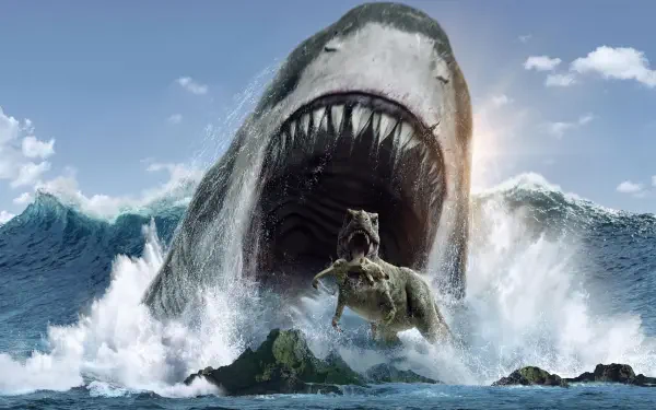 Meg 2: The Trench 4K Ultra HD PC Desktop Wallpaper and Background — a colossal megalodon bursts from the sea, jaws wide over a rocky isle with a T. rex, ocean spray and blue sky.