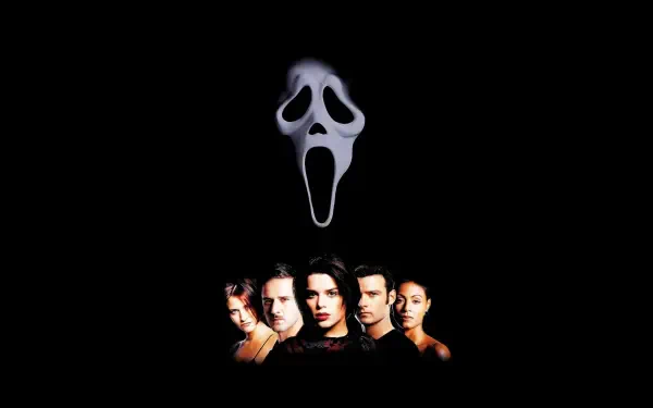 Scream 2 4K Ultra HD PC desktop wallpaper: Ghostface mask hovering over five wary characters against a black background.