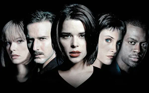 Scream 3 4K Ultra HD PC desktop wallpaper: five tense, haunting faces lit in stark contrast emerging from a black background.