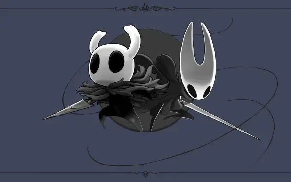4K Ultra HD PC wallpaper of Hollow Knight and Hornet from Hollow Knight: Silksong — masked figures back-to-back, cloaks and needles floating against a muted slate background.