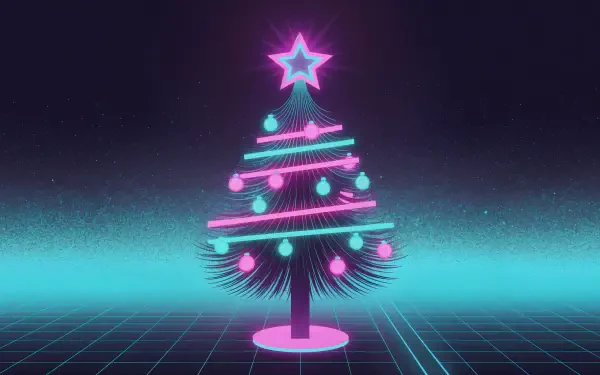 Christmas retrowave neon tree with magenta and cyan ornaments and glowing star above a retro grid horizon — 4K Ultra HD PC desktop wallpaper and background.