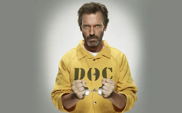 Dr. House in a yellow DOC prison jumpsuit, hands cuffed and an intense glare against a soft gray halo — 4K Ultra HD PC desktop wallpaper/background.