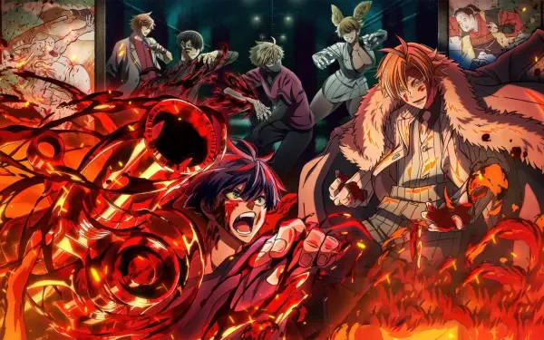 Tougen Anki and allies amid flames and swirling red demonic energy, intense battle scene — 4K Ultra HD PC desktop wallpaper and background