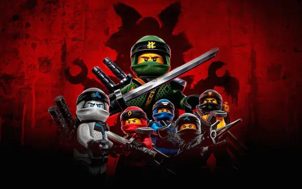 Ninjago HD PC desktop wallpaper and background: six LEGO ninja characters in colorful masks and armor posed with swords and weapons against a red, shadowed backdrop.