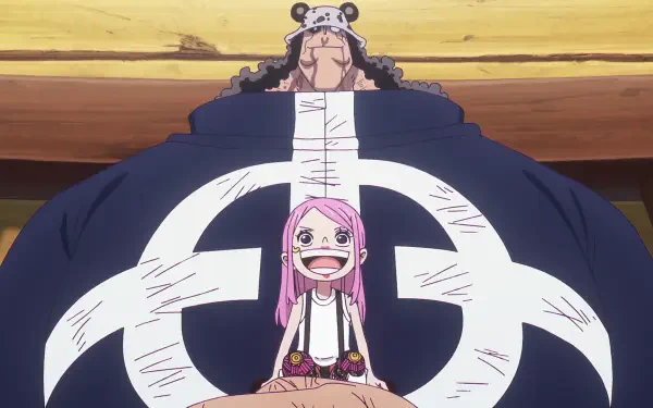 HD PC wallpaper of One Piece: giant Bartholomew Kuma looming behind smiling Jewelry Bonney, Kuma's bold white cross emblem on his coat against a wooden background.