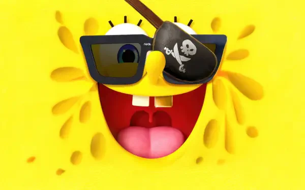 Close-up SpongeBob SquarePants face wearing a pirate eyepatch and sunglasses, beaming with open mouth and sponge texture — 4K Ultra HD PC desktop wallpaper and background.