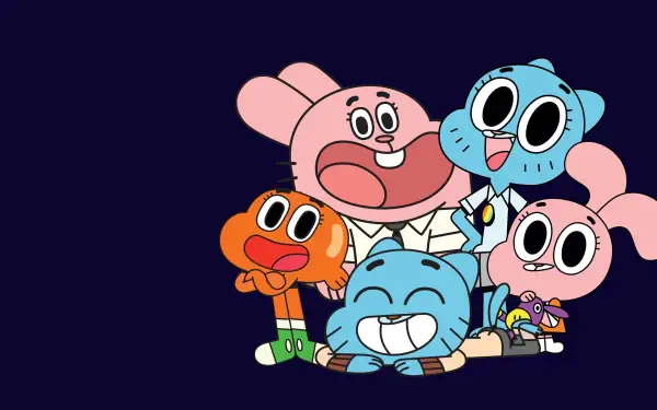 The Amazing World of Gumball 4K Ultra HD PC desktop wallpaper: the Watterson family and friends smiling together on a deep navy background.