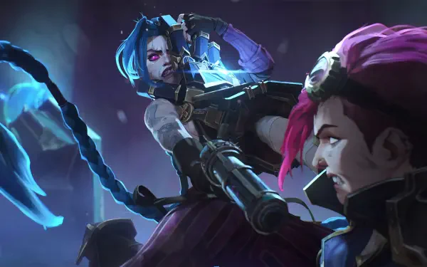 Arcane 4K Ultra HD PC desktop wallpaper: Jinx with blue braids wielding a gun, Vi in the foreground against a neon-lit steampunk city background.