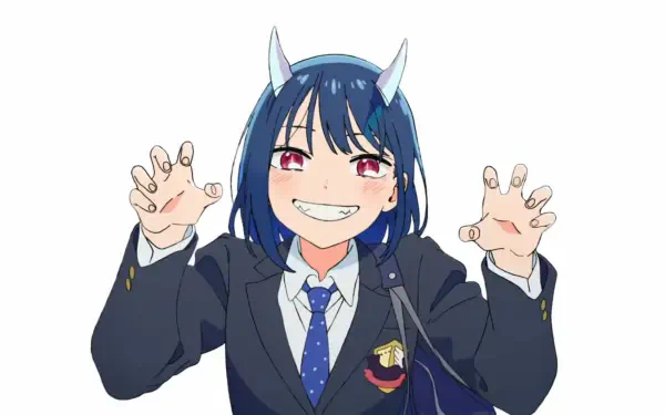 Anime HD PC desktop wallpaper of Ruri Dragon (Ruri Aoki): grinning blue‑haired schoolgirl with small horns in a blazer and tie, playfully reaching forward.
