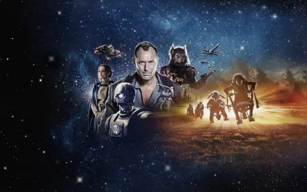 Star Wars: Skeleton Crew 4K Ultra HD PC desktop wallpaper — ensemble of crew members, droids and starfighters framed by a starfield merging into a desert battlefield.