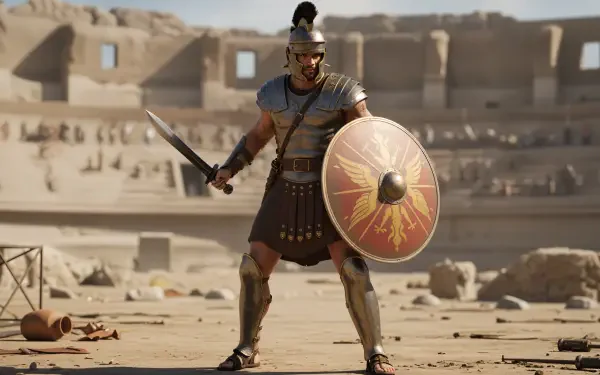 Gladiator in full armor with sword and ornate shield stands in a sunlit ancient arena — 4K Ultra HD PC desktop wallpaper and background.